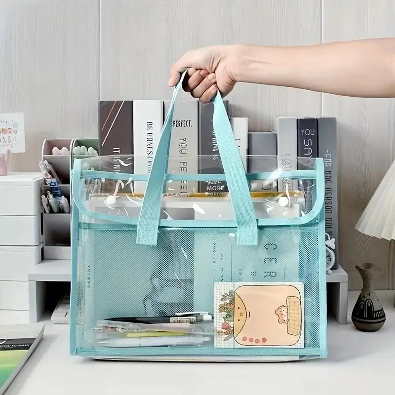 Large Capacity Transparent Waterproof PVC Handbag, Grid Storage Tote Bag, Durable Portable File Holder for Office Supplies Home Travel, Work Bag, Waterproof Clear Bag
