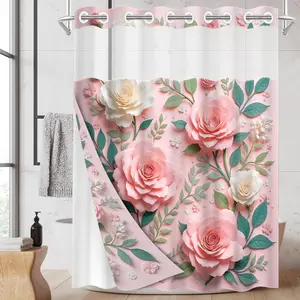 1PC/4PCS 2D Flat Printing Happy Spring Pink and White Roses with Green Leaves Patterned shower curtain, home bathroom decor, shower curtain set with 12 hooks, non-slip bathroom rug, U-shaped toilet seat cover, toilet seat mat.