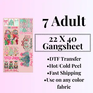 Merry & Bright DTF Gangsheet 7 Adult 22 X 40 Festive Christmas Theme DTF Transfer Hot Cold Peel Fast Shipping Any Color Fabric