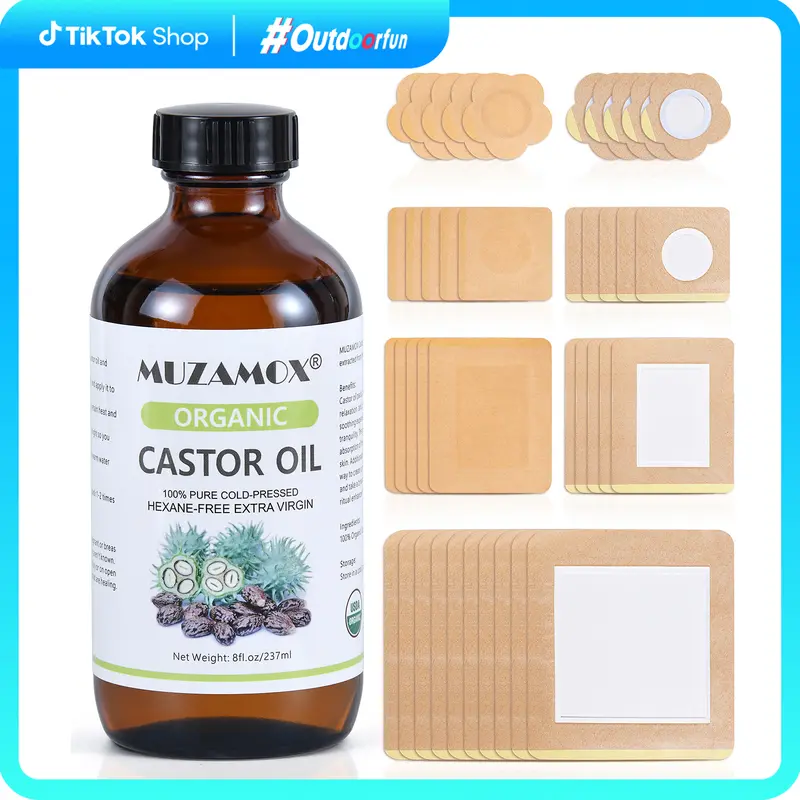 MUZAMOX Organic Cold-Pressed Unrefined Castor Oil - 8fl.oz/237ml Large Amber Glass Bottle, Alcohol-Free Multi-Use Liquid, Includes Gentle Organic Cotton Flannel Neck-Waist Wraps, Unisex Single-Item Body Massage Care Product