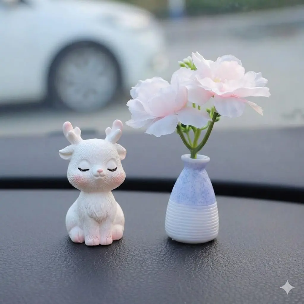 Charming Daisy Deer Car Dashboard Decoration, Car Interior Decoration, Cute Deer with Vase, Abs Material, Home or Office Desktop Accessory, Car Ornament, Car Trinkets