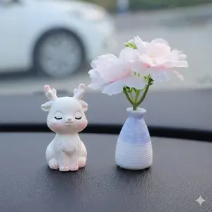 Charming Daisy Deer Car Dashboard Decoration, Cute Deer with Vase, Abs Material, Home or Office Desktop Accessory, Car Ornament, Car Trinkets