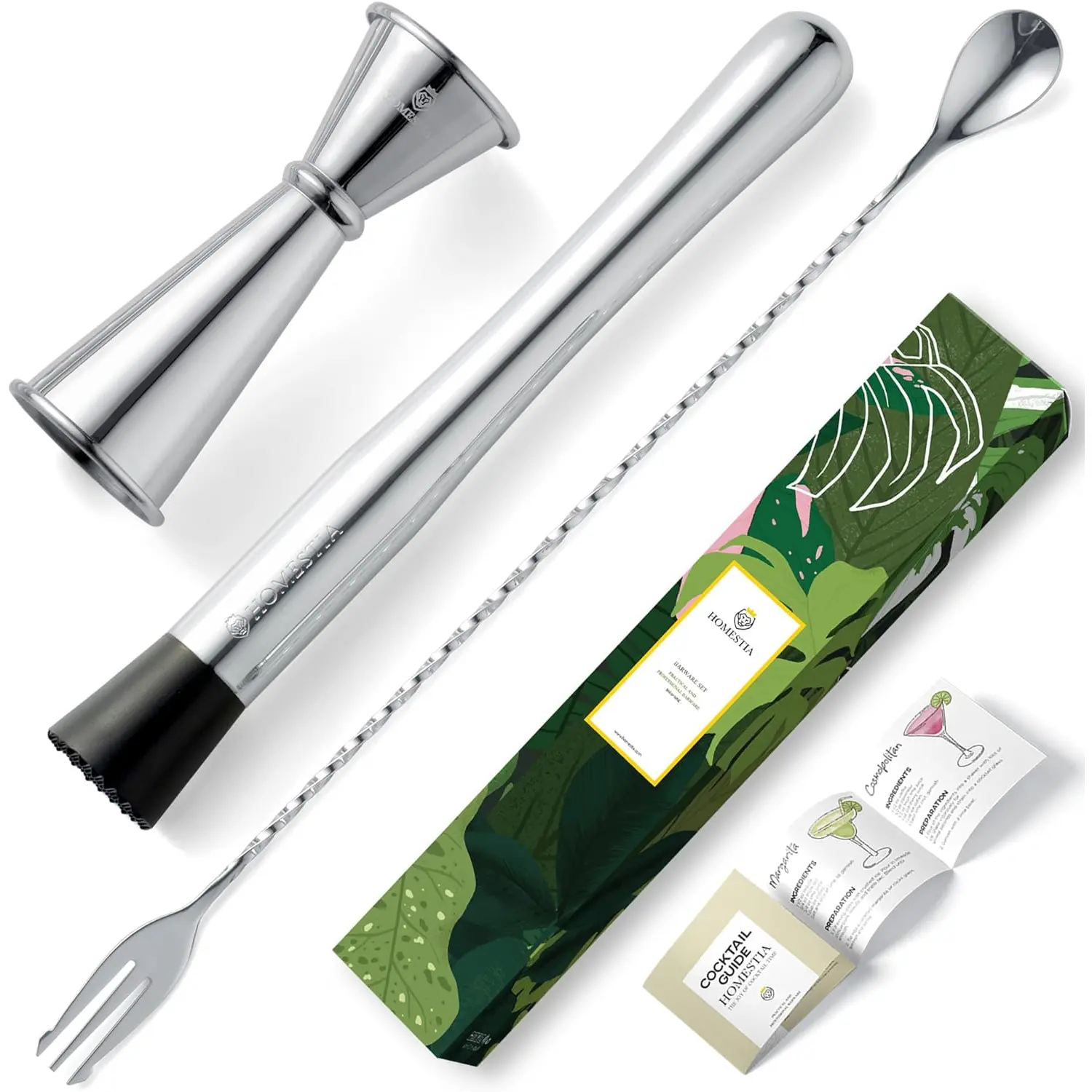 Homestia Muddler & Spoon Set for Cocktails, 304 Stainless Steel 10" Bar Muddler, 12" Cocktail Spoon, 1 Oz 2 Oz Jigger, 3 PCS Cocktail Set for Margaritas, Mojitos and Fruit Drinks Bar Tool Set Silver Homestia