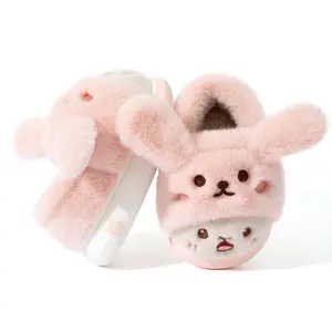 New Winter Kids Cotton Slippers with Cute Cartoon Rabbit Design Plush 3D Ears and Heel Cover for Girls Toddler Indoor Comfort
