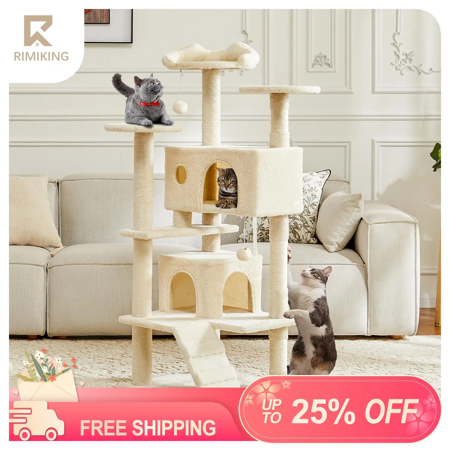 RIMIKING Multi-Level Cat Tree,Durable & Pet-Friendly Material,Interactive Toys,Anti-Tilt Device,Scratching Posts,Comfortable Cat Caves,Ventilated Perc