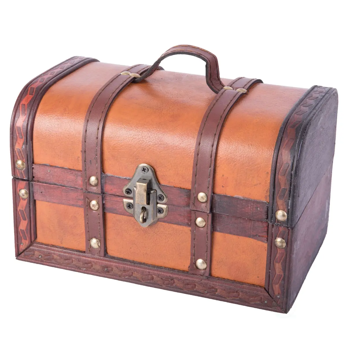 Decorative Lockable Woody Antique Rectangular Leather Treasure Box Organizer, Vintiquewise QI003006.S, 5.5"x8.5"x5.5", 2.75 lbs, Brown - Single 1 Small Home Storage Bin with Key Lock & Latch, 5.5" X 8.5" X 5.5"