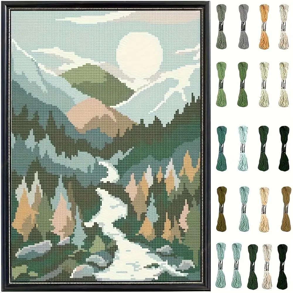 Embroidery Kit, 1 Count Landscape Pattern DIY Cross Stitch Kit with Random Color Tools, Embroidery Thread, Embroidery Craft Kit for Beginners, DIY Wall Decoration, Embroidery Design, DIY Craft Supplies, Handicraft
