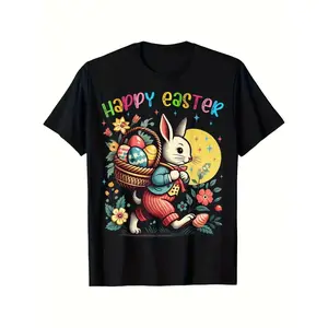 Happy Easter T-Shirt for Men & Women - 100% Retro Bunny & Easter Egg Hunt Graphic Tee with Happy Easter Lettering, Spring Floral Design - Unisex Short Sleeve Round Neck Casual Shirt