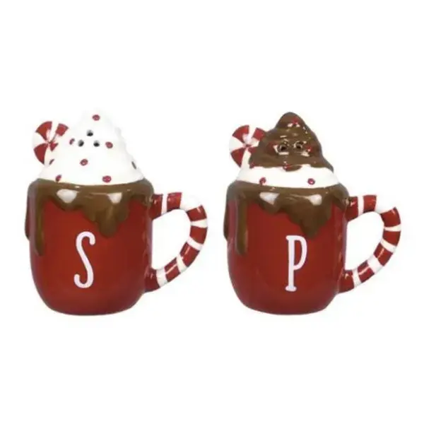 Ceramic Hot Cocoa and Cookie Salt and Pepper Shaker Set – Festive Red Mug with Whipped Cream and Peppermint Topping – Holiday Kitchen Decor