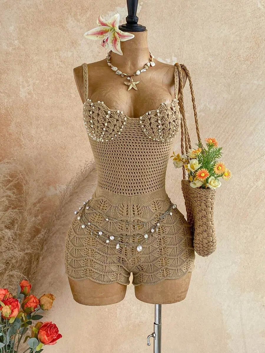 New Vacation Shell Cup Camisole Fitted Sweater Jumpsuit, Bohemian, Boho, Vacation, Fall Women Clothes, Vintage, Holiday
