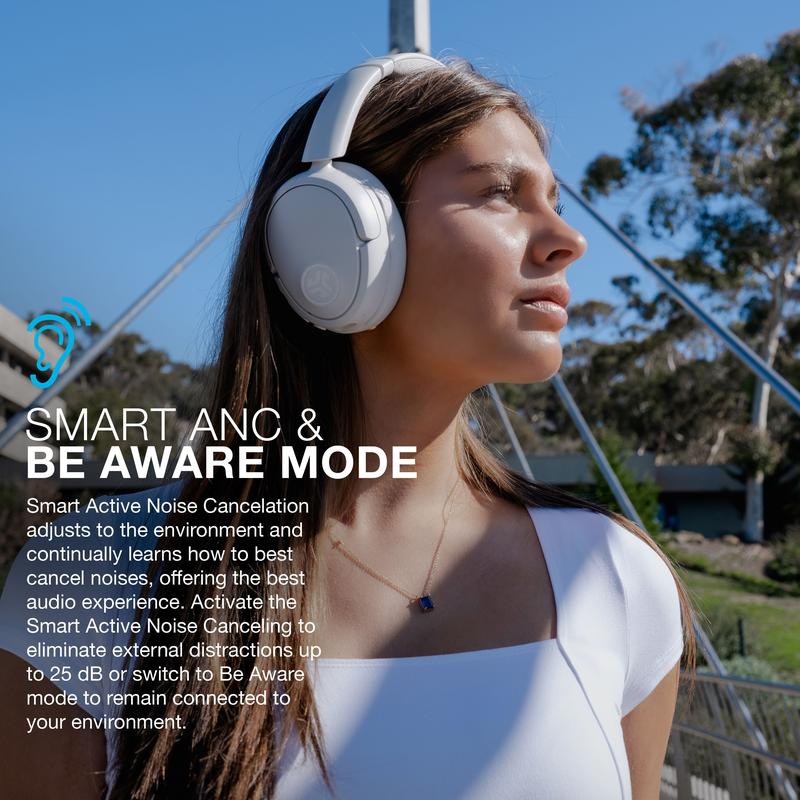JLab JBuds Lux Active Noise Cancellation Wireless Bluetooth Headphones, Custom EQ, Over-Ear, Be Aware Safety Mode. Foldable, iPhone / Android, Wired