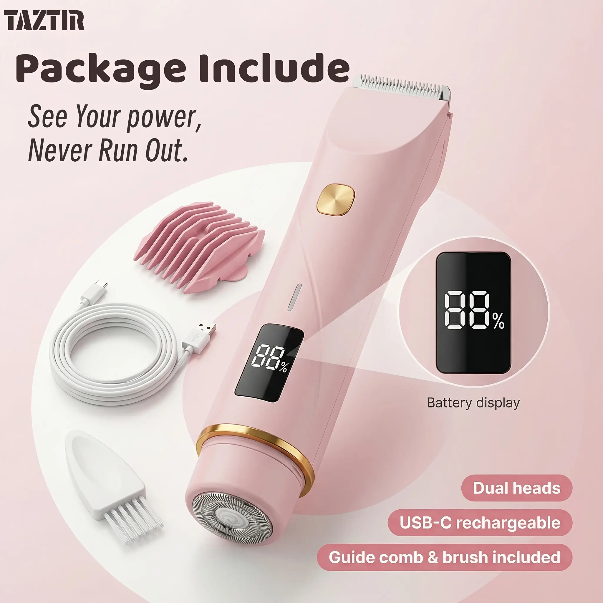 Women's 2-in-1 Electric Shaver & Cordless Dual-Head Bikini Trimmer, IPX6 Waterproof USB Rechargeable Grooming Device for Face & Body, Wireless Trimmer