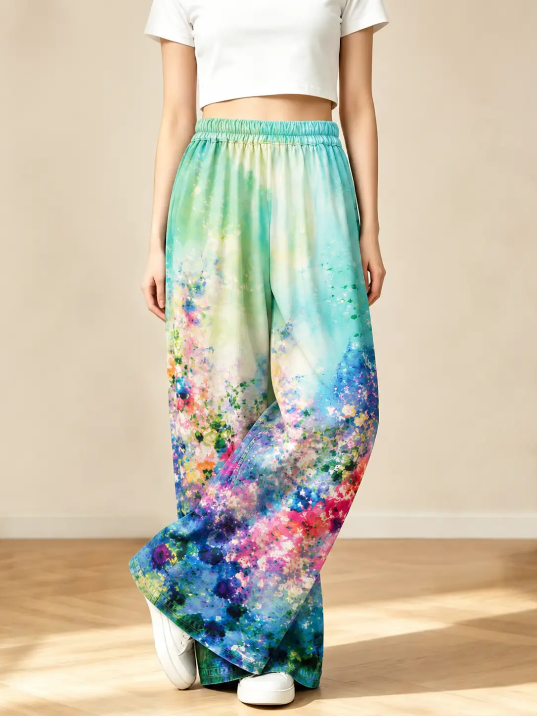 Lady's Palazzo Pants, Bohemian Floral Print Smooth Breathable Wide Leg Bottom with Elastic High Waist and Pockets for Summer Beach Vacation, Oversized, Printed