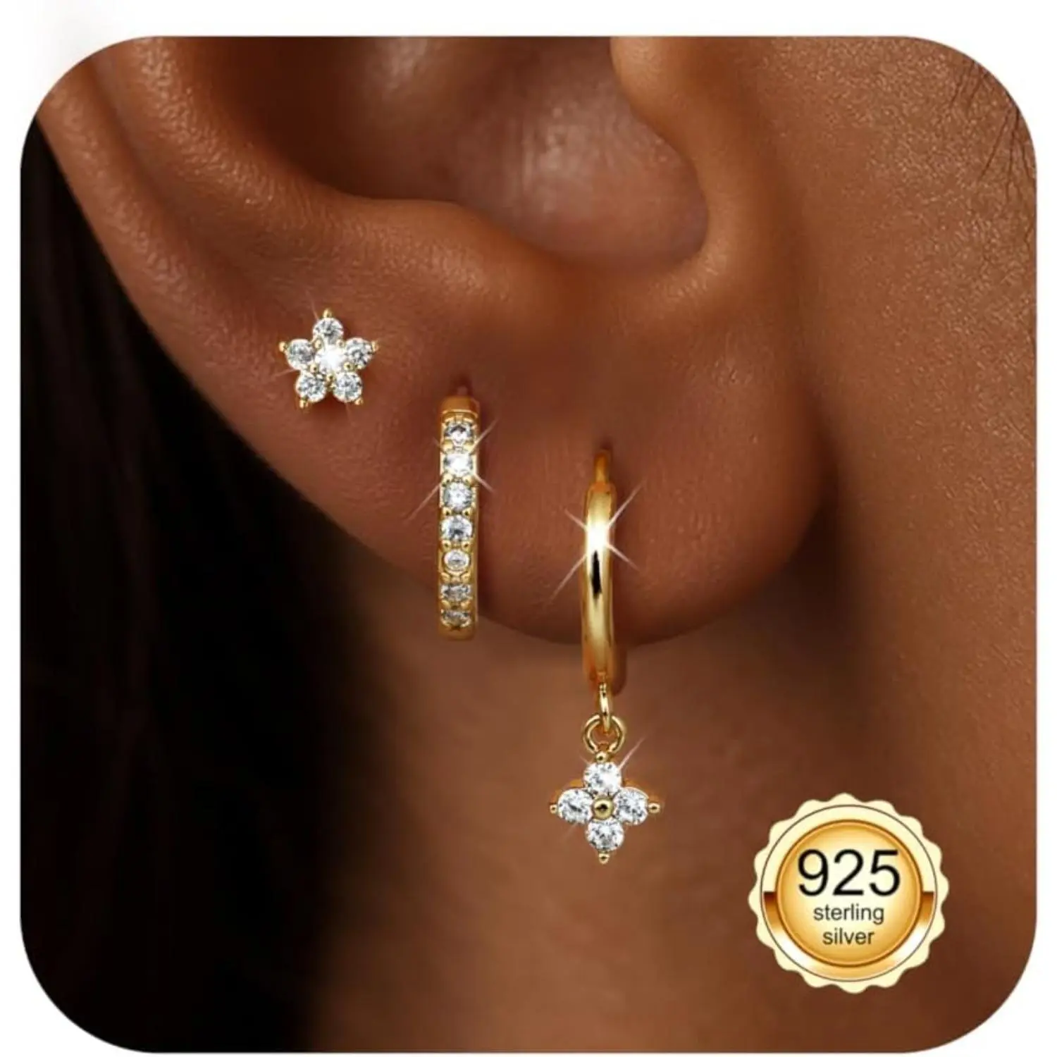YADOCA 3 Pairs Sterling Silver Earrings for Women Stud Hoop Earring Set Hypoallergenic Cartilage Earring Sets for Multiple Piercings Studs Huggies Earrings Hoops for Women Silver Gold