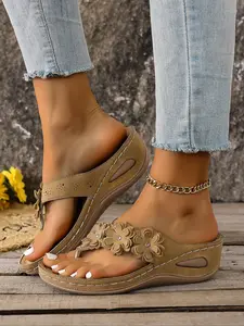 Women's Wedge Sandals with Floral Decor Flower, Open Toe Slides, Breathable Hollow Toe Design, Lightweight Soft Comfort, Non-Slip, Casual Beachwear, Multiple Colors Available