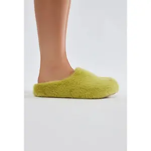 Viral Mindful Faux Fur Mule Furry-10 Women's Vegan Comfortable Slippers for Walking Lime Green Casual Flipflop Slide Outdoors