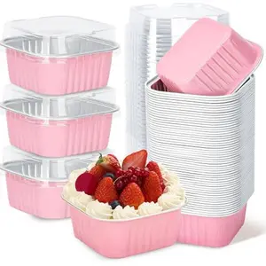 30 Pack 5oz Pink Mini Cake Pans with Lids, Aluminum Foil Baking Cups, Disposable Dessert Containers, Square Baking Tins for Cupcakes Brownies Cheesecake Muffins, Party Picnic Catering Bakeware Recyclable Reusable Dessert Cups