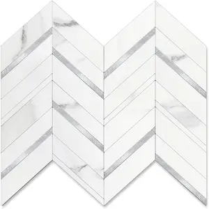 10-Sheet Herringbone Tile Peel and Stick Backsplash, White Marble PVC Mixed Metal Stick on Backsplash, Self Adhesive Wall Tile for Kitchen and Bathroom