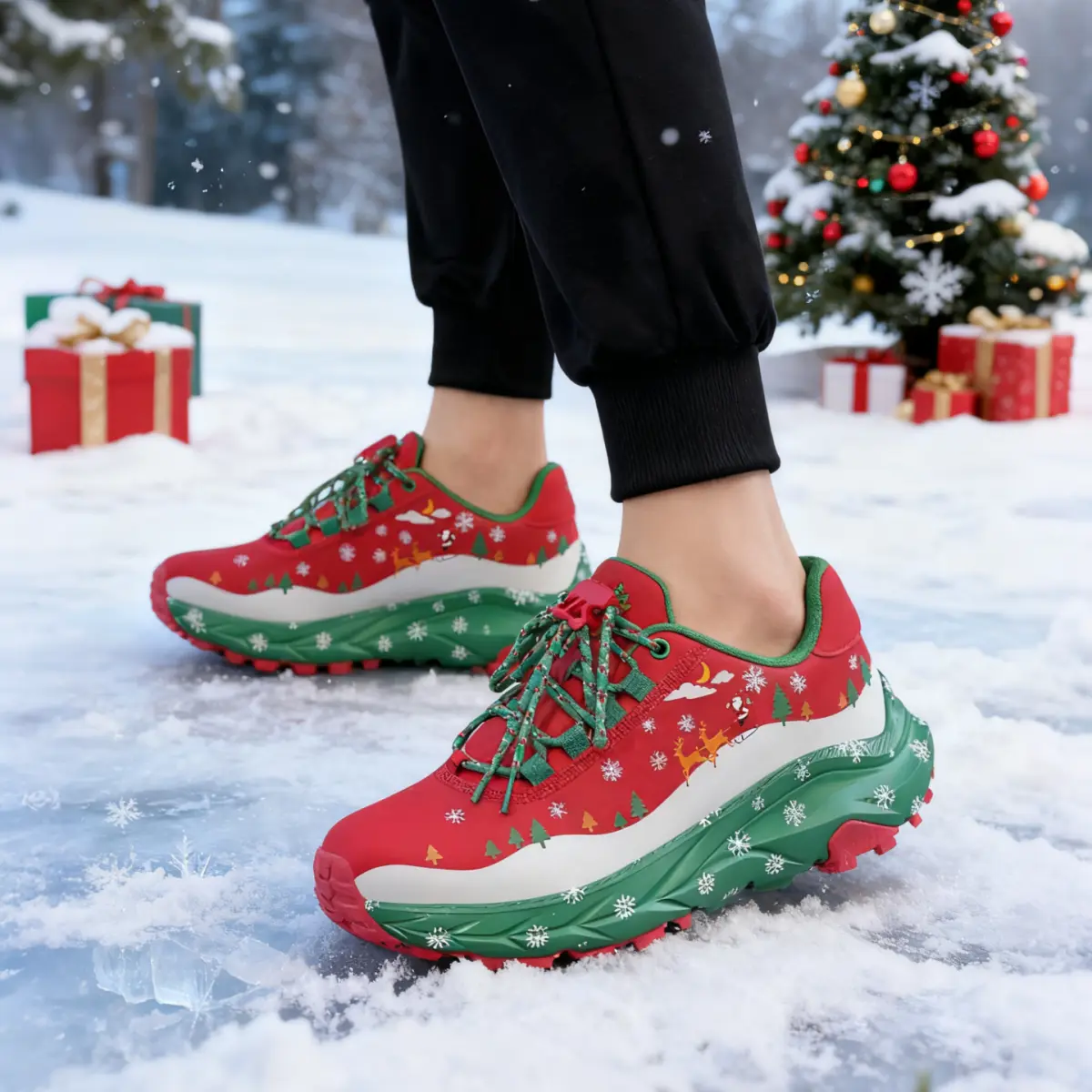 Women's Christmas Limited Edition Eye-Catching Sneakers: Vivid Santa Reindeer Snow Scene Print, Lightweight Cushioned Sole, Wear-Resistant & Breathable Upper, Stylish Festive Shoes for Daily Wear, Holiday Dates & Christmas Parties