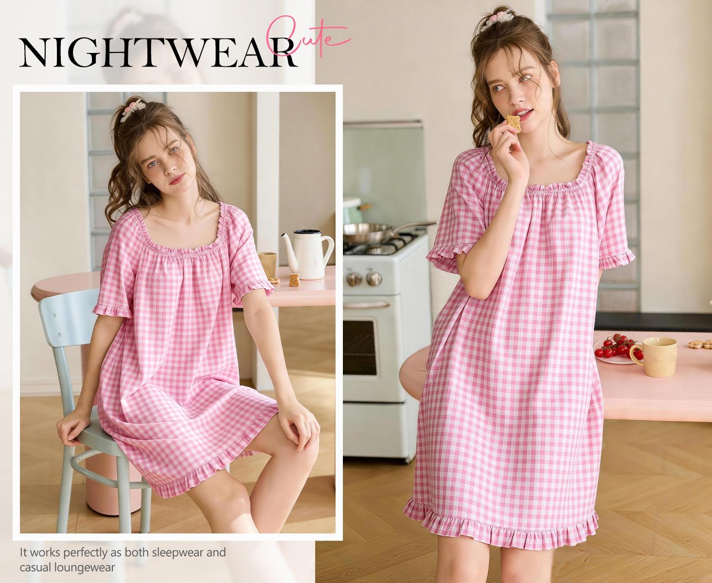 Women's Cute 100% Cotton Gingham Plaid Knee-Length Nightgown - Square Neck Pull-On Sleep Dress with Ruffle Sleeves, Pocket, Loose Flowy Fit, Temperature-Regulating Soft Cotton Loungewear