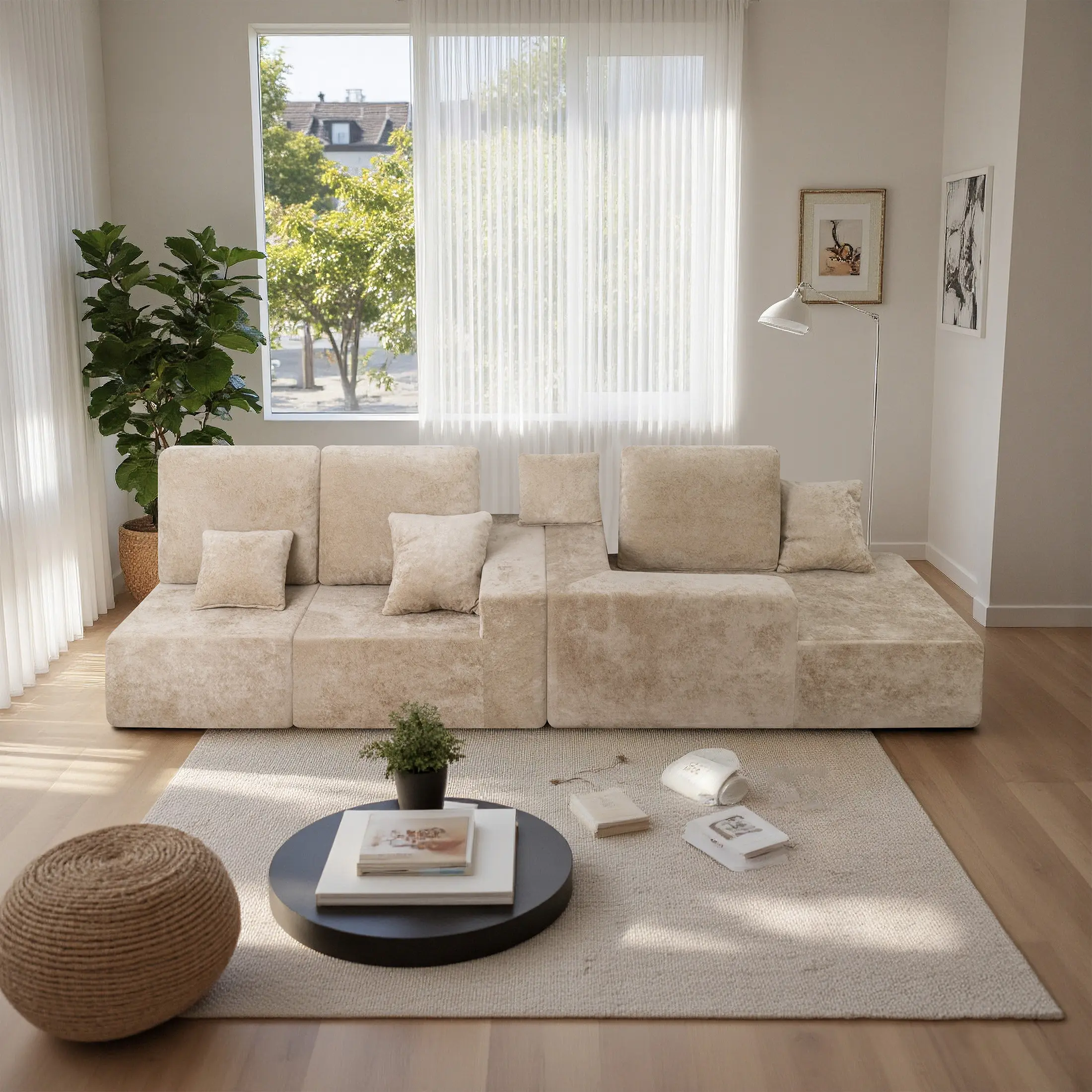 [Shipped in 2 Boxes] [FREE 2 Pillows] Sturdy Velvet Upholstered L-Shaped Modular Sofa Sectional Couch, Extendable Convertible Sleeper & Convertible Bed, Freely Combinable Space-Saver for Living Room Gatherings (Seats 3)