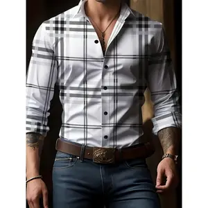Men's Clothing Men's Checkered Graphic Print Shirt, Casual Lapel Button Up Long Sleeve Shirt For Spring Fall Outdoor Activities Party Gift Top Collar