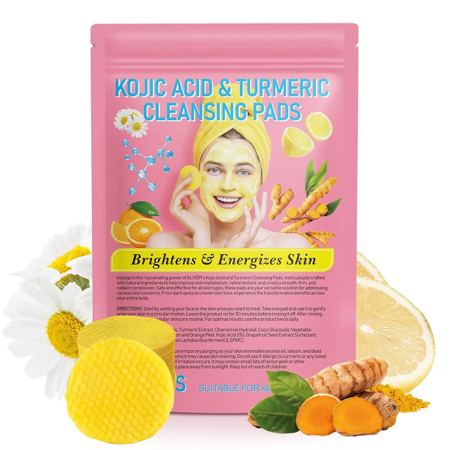 40PCS Turmeric Kojic Acid Cleansing Pads Kojic Acid Infused Foaming Exfoliating Enriched Vitamin C