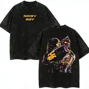 Vintage Black Washed Anime T-Shirt, Front "NOISY BOY" Logo & Back Full Metallic Stand Print, Oversized Unisex Tee for JoJo Fans & Street Style