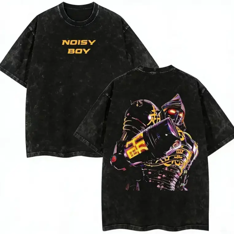Menswear Vintage Black Washed Short-Sleeve Round Neck Anime T-Shirt - Front "NOISY BOY" Logo, Back Full Metallic Stand Print, Oversized Unisex Streetwear Top for JoJo Fans, Shortsleeve