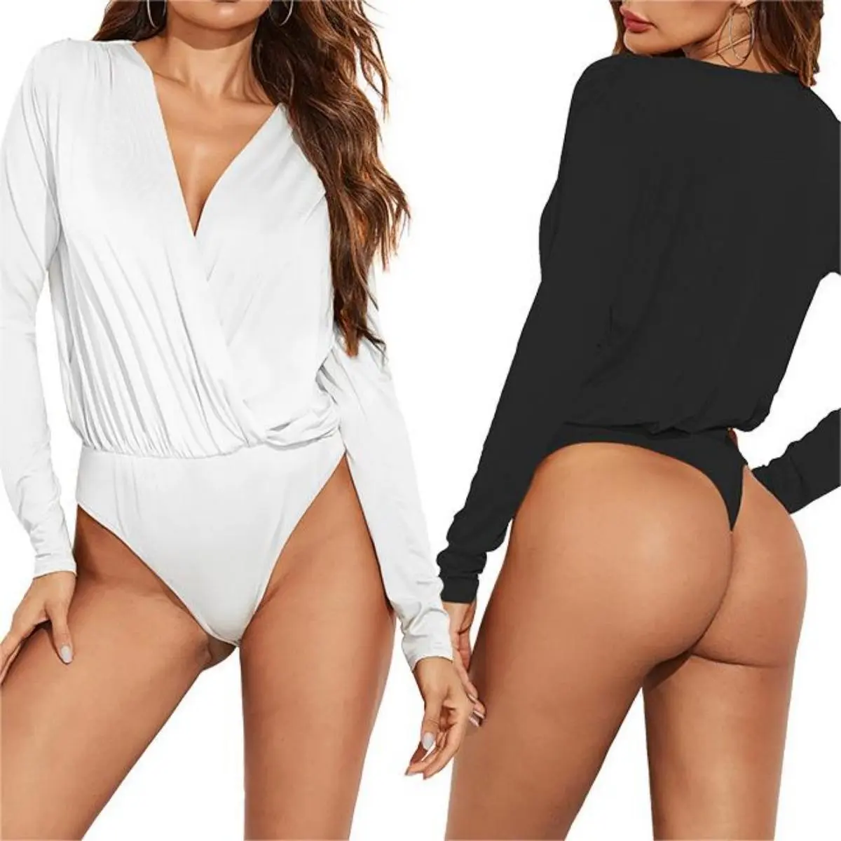 Women's Fitted Solid Denim V-Neck Ruched Stretchy Thong Bodysuit - Longsleeves Leotard, Wrap Design, Snap Closure, Polyester Fabric, Sexy, Chic, for Summer Beach Outings, Pair with Heels, Coats, Necklaces, All Seasons Casual Wear