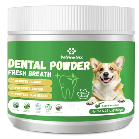 Vetriuntrix Ultra-Fine Dog Dental Cleanser Powder - Lysozyme & Probiotic Mixture with Flaxseed Oil, Reduces Plaque, Tartar Removal, Fresh Breath, No Brushing Needed, Food-Sprinkled, 4-8 Weeks Result, 5.29 oz Single Bottle