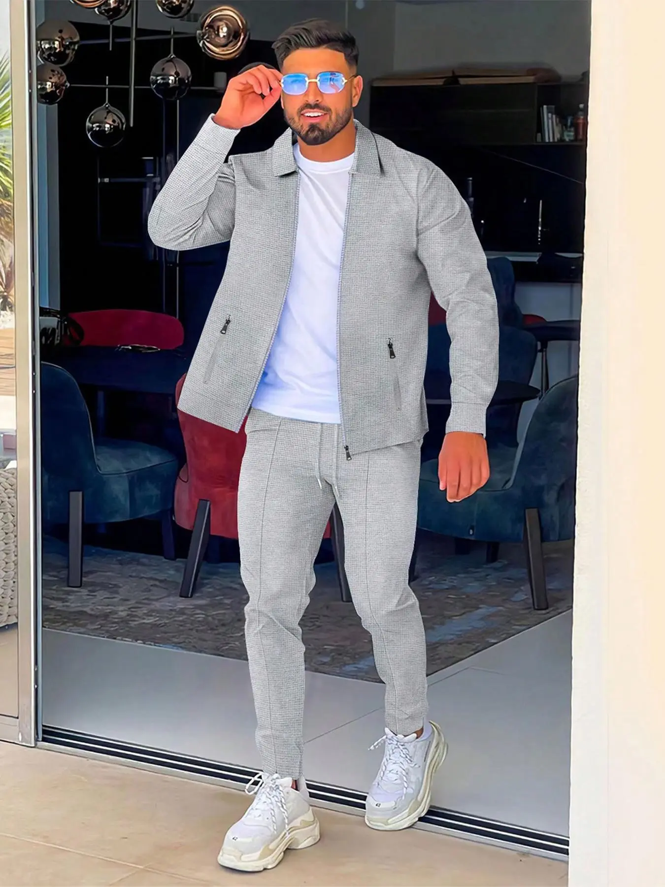 Men's Two-Piece Waffle Collar Fitted Cardigan Jacket and Long Pants Set Outfit, Stylish Casual Utility for All Seasons with Zipper Pockets, Menswear Clothes