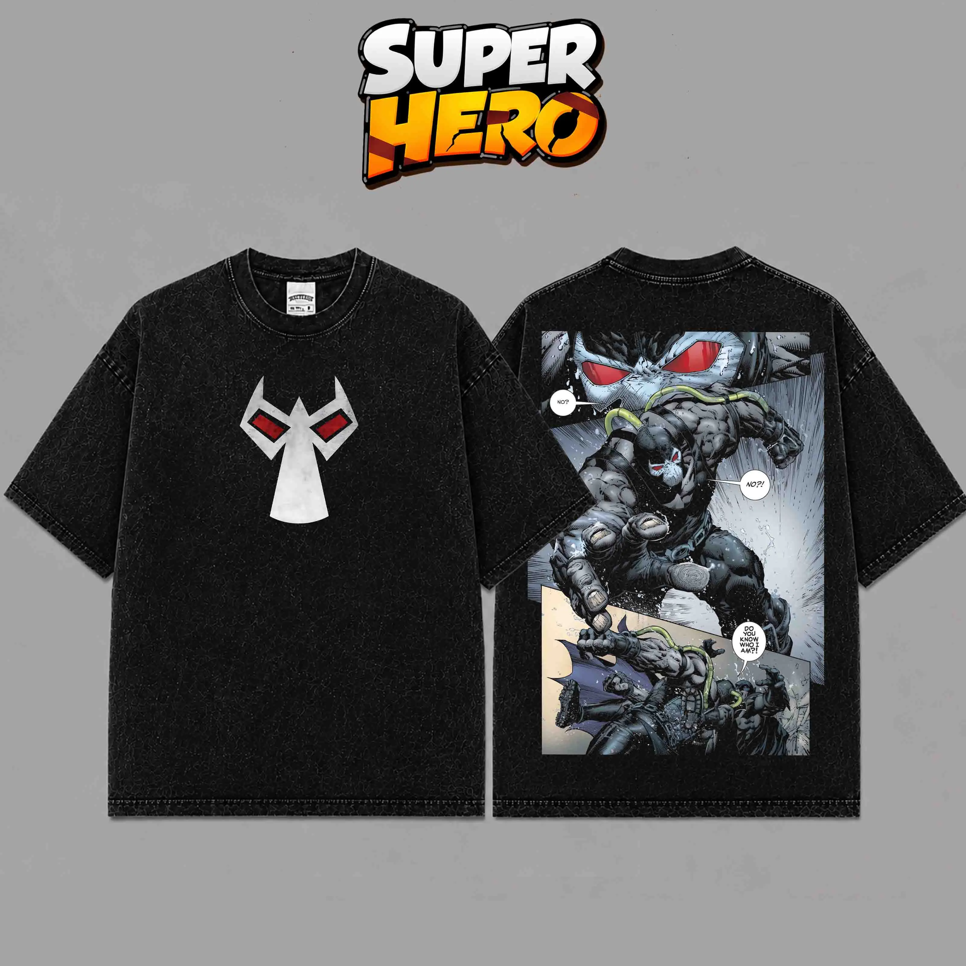 [ Super Hero ]  Bane Dark Inspired Knight Villain Vintage Acid Washed Graphic T-Shirt, Oversized Heavyweight Cotton Tee, Double-Sided Comic Superhero Graphic Shirt, Retro Streetwear Unisex Casual Apparel Gift for Comic Fans