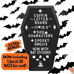 Coffin Shaped Letter Board with 500 Letters, Spooky Emojis & Bat Wall Stickers – Gothic Halloween Decor for Home or Party