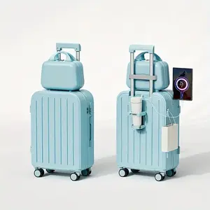 NLDD 20" 2-Piece Hardshell Suitcase Set with Cabin Bag, Elegant Lightweight Travel Luggage, 4-Wheel 360 Rotation, Built-in USB Port, Cup Holder, Anti-Theft Combination Lock, Hook Bracket, 4 Fashion Colors