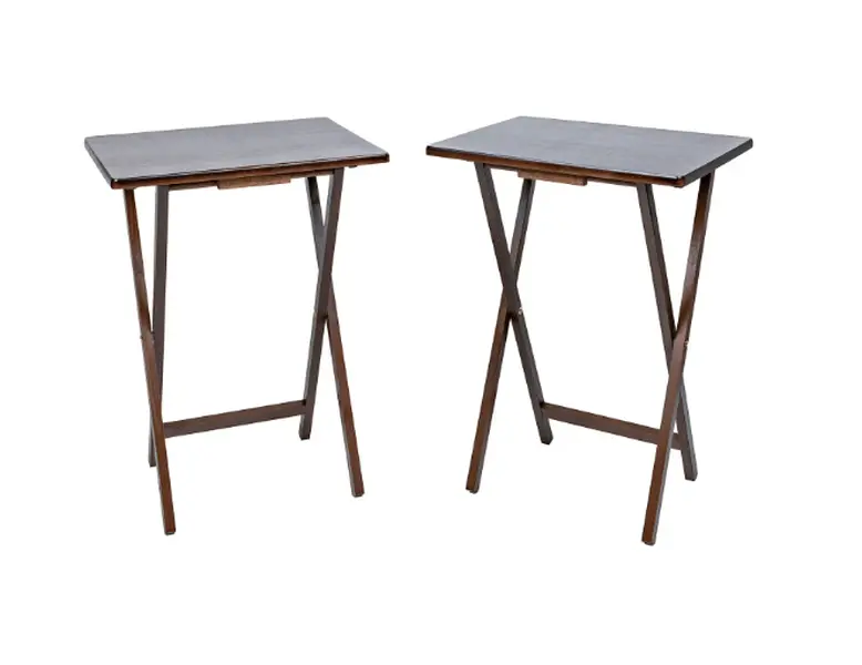 Set of 2 Walnut Rubberwood Folding TV Tray Tables - Indoor Furniture TV Side Tables for Living Room Use