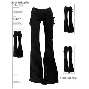 Women Dark Academia Goblin Core Long Trousers Gyaru Goth Low Rise Flare Pants Y2K Streetwear Stretch Japanese Harajuku Grunge