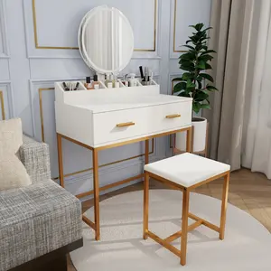 Modern Vanity Desk with Round Mirror Makeup Vanity Table with Storage Drawers and Organizers Dressing Table Set with Stool for Bedroom Dressing Room, Ancient White
