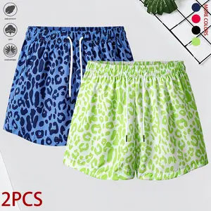 Set of 2: women’s leopard print shorts with drawstring, available in multiple colors; suitable for park walks, family activities, and outdoor outings; ideal for everyday wear; summer casual wear; women’s shorts.