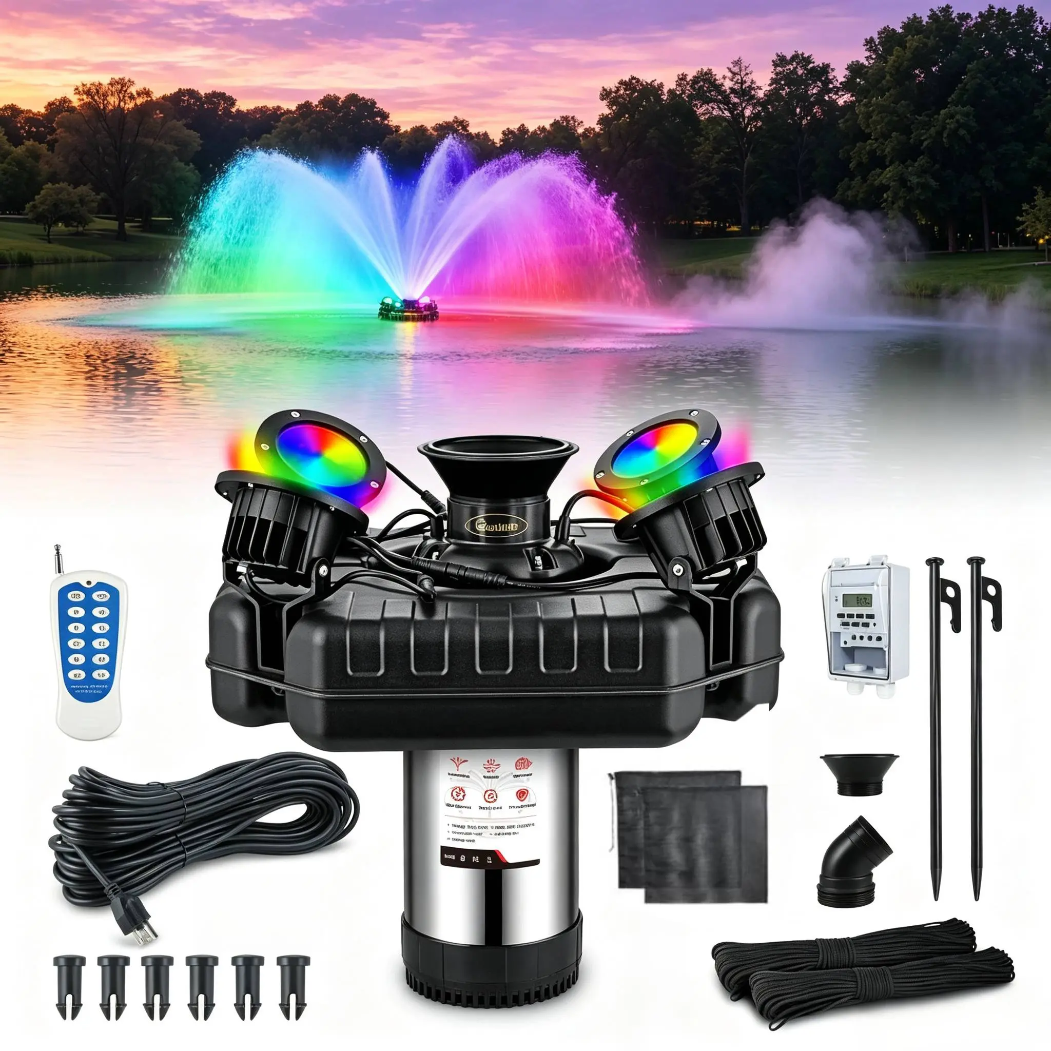 Goldlife Pond Fountain Aerator, F3 (With 4 RGB Lights), 1HP 750W 110V Stainless Steel Floating Fountain With 100FT Power Cord, Octagon Aerating Fountain Pump for Small Large Pond Lake Pool Bay Fish farm.Lakes Water Circulation Pump
