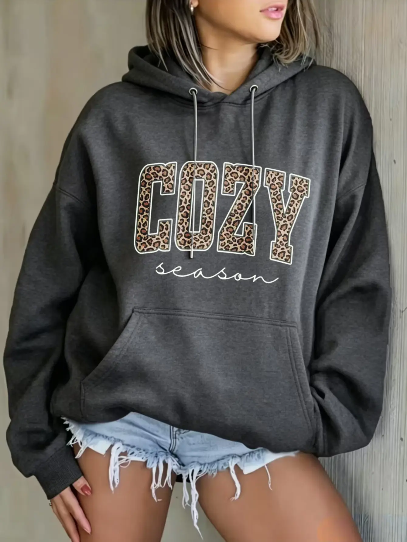 Women Cozy Season Hoodie Sweatshirt Leopard Print Cozy Letter Season Script Graphic Pullover Hooded Top Fall Autumn Casual Oversized Hoodie For Ladies