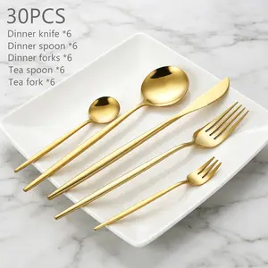Stainless Steel Gold Cutlery Set, 30pcs/set Mirror-Polished Flatware Service for 6, Includes Dinner Knives, Dinner Spoons, Dinner Forks, Teaspoons and Tea Forks, Durable and Dishwasher Safe, Gold Dinnerware Sets