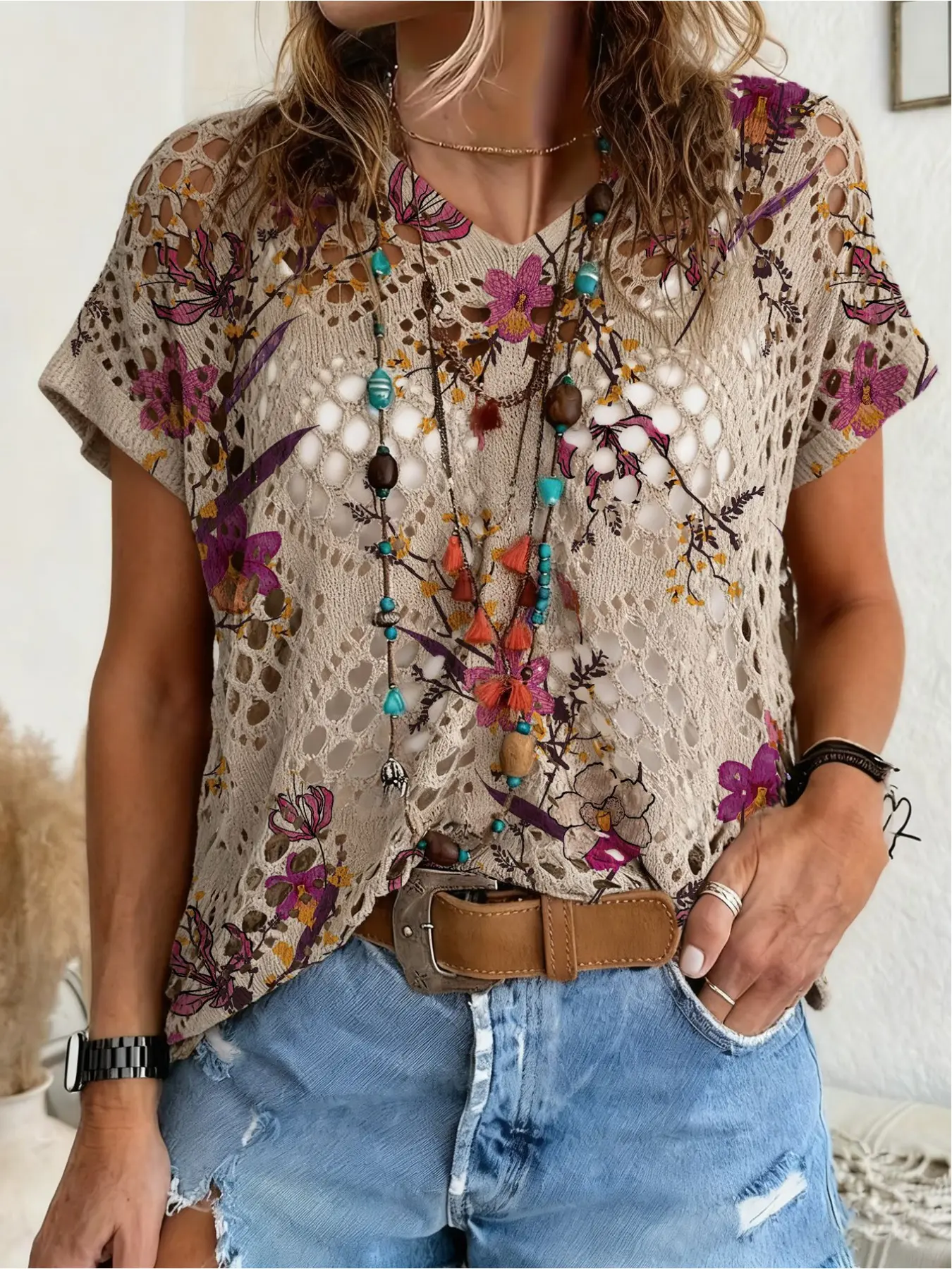 Spring/Summer style, V-neck diamond hollow loose batwing short-sleeve cover-up, contrast color plant print women's knitted top, vacation style, bikini cover-up, Beach cover ups