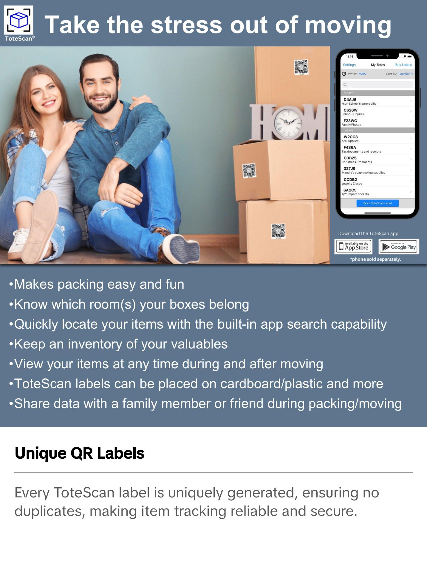 ToteScan HD Color (Heavy Duty) Intelligent QR Labels for Organization/Moving/Storage (45 Unique Labels, 2.5"x3")