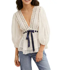 Women Deep V-Neck Blouse Lace Patchwork Bow Tie Front Shirt 3/4 Sleeve Cinched Waist Babydoll Peplum Tops Streetwear