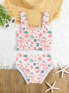 Girls' New Starfish Shell Print Swimsuit Set, High-Waisted Two-Piece Swimwear, Sweet Vacation Wear, Slim-Fitting Party Style