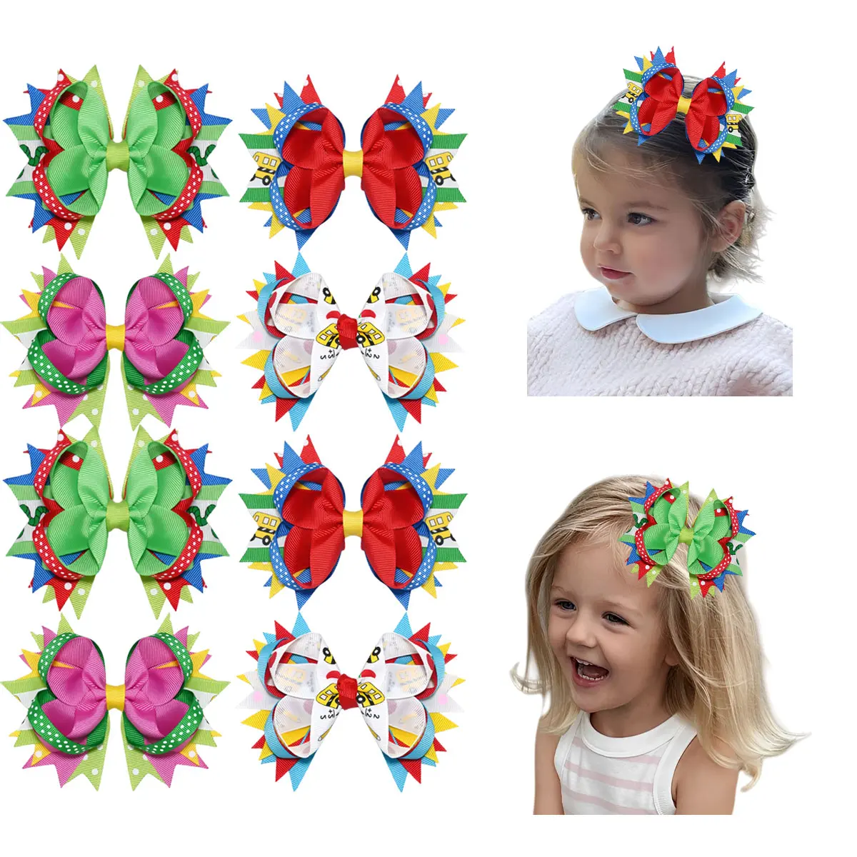 JoyBowie 8pcs Back to School Hair Bows for Girls  School Bus Multi Layer Spiky Bow Clips | Cute Kindergarten Accessories for Toddlers Kids First Day School Outfit