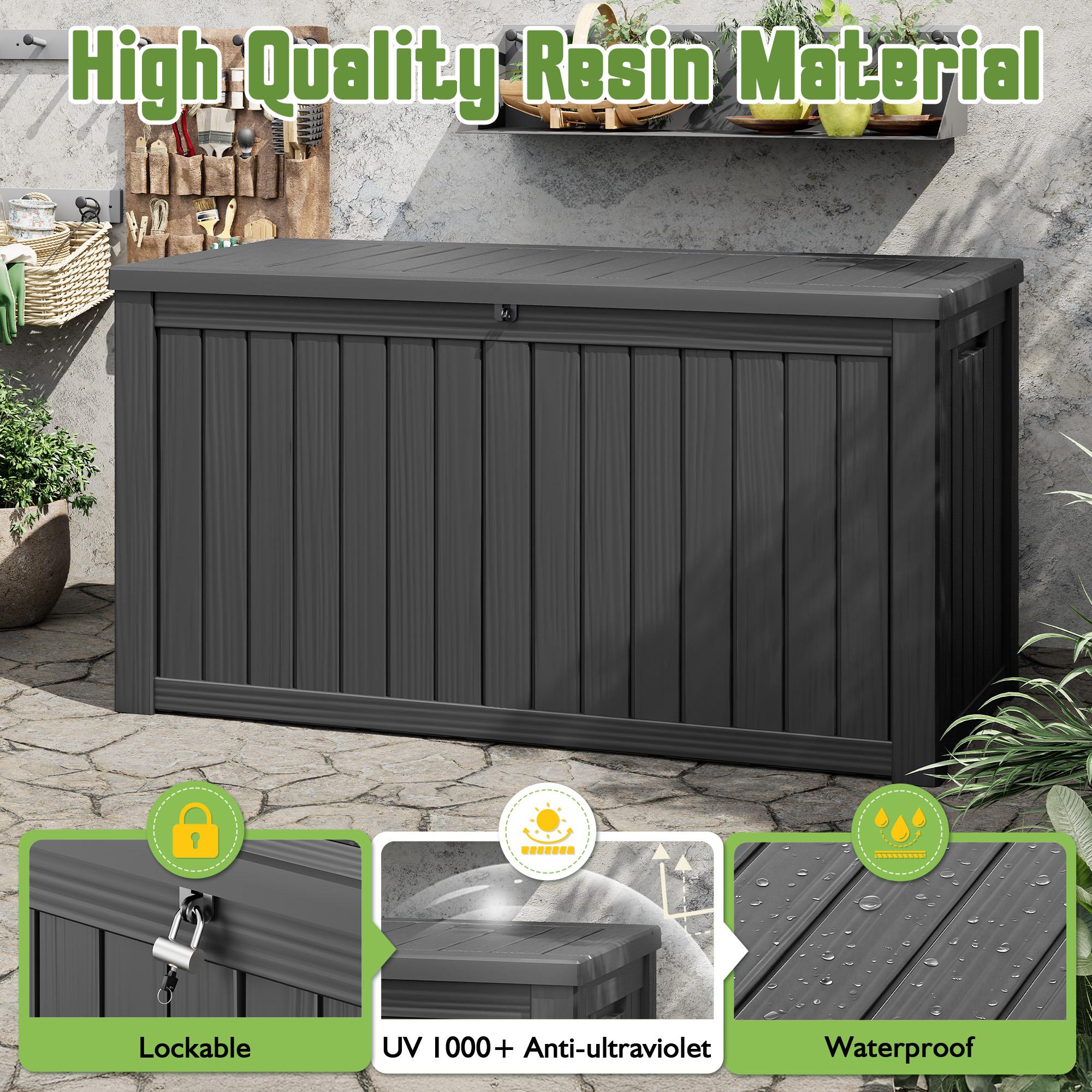 100 Gallon Resin Deck Box – Waterproof, Weather Resistant & Lockable – Imitation Wood Finish, UV-Resistant – Indoor/Outdoor Storage for Patio Cushions, Garden Tools, Pool Accessories – Storage Bench for Backyard & Deck