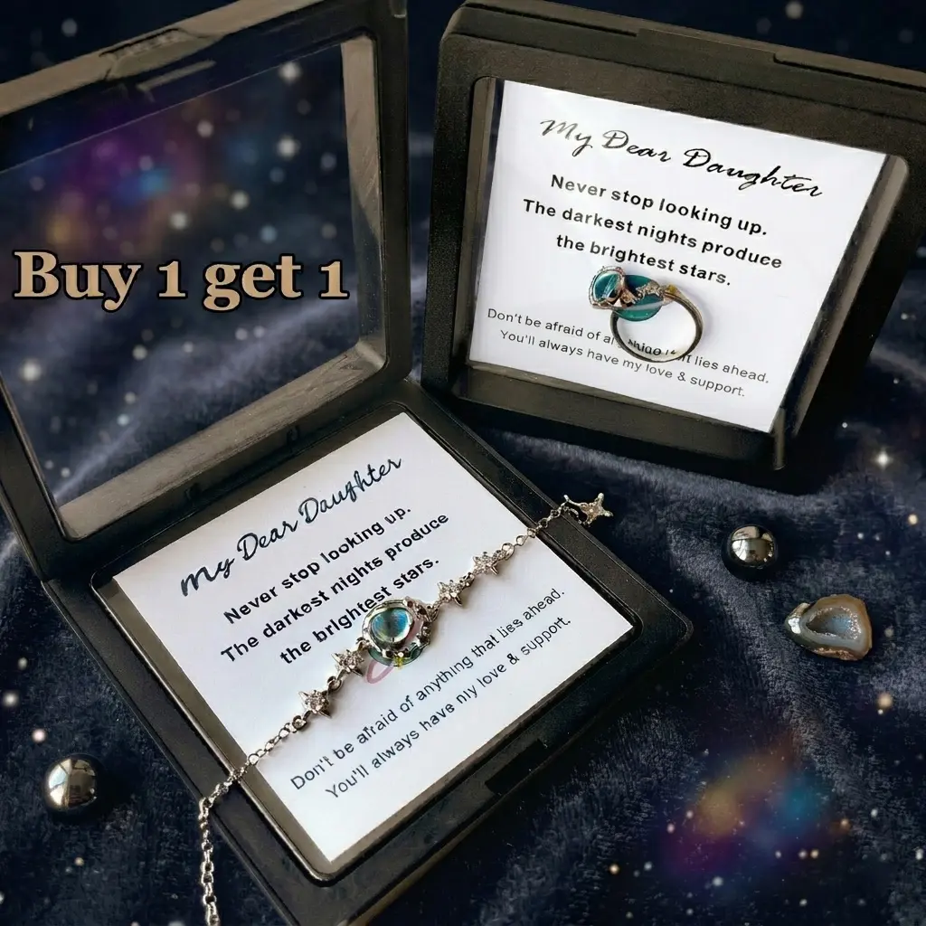 Buy 1 Planet Spinner Ring, Get 1 Matching Planet Bracelet Free – Adjustable Moon & Star Fidget Ring Gift Set for Teen Girls & Women with Gift Card