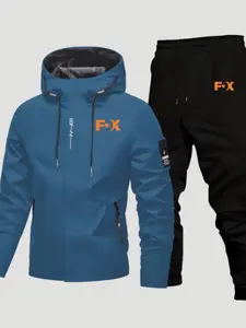 Men's Fashion Motorcycle Jacket + Long Pants Set, Trendy Letter Print Hooded Coat, Casual All Season, Geometric Pattern